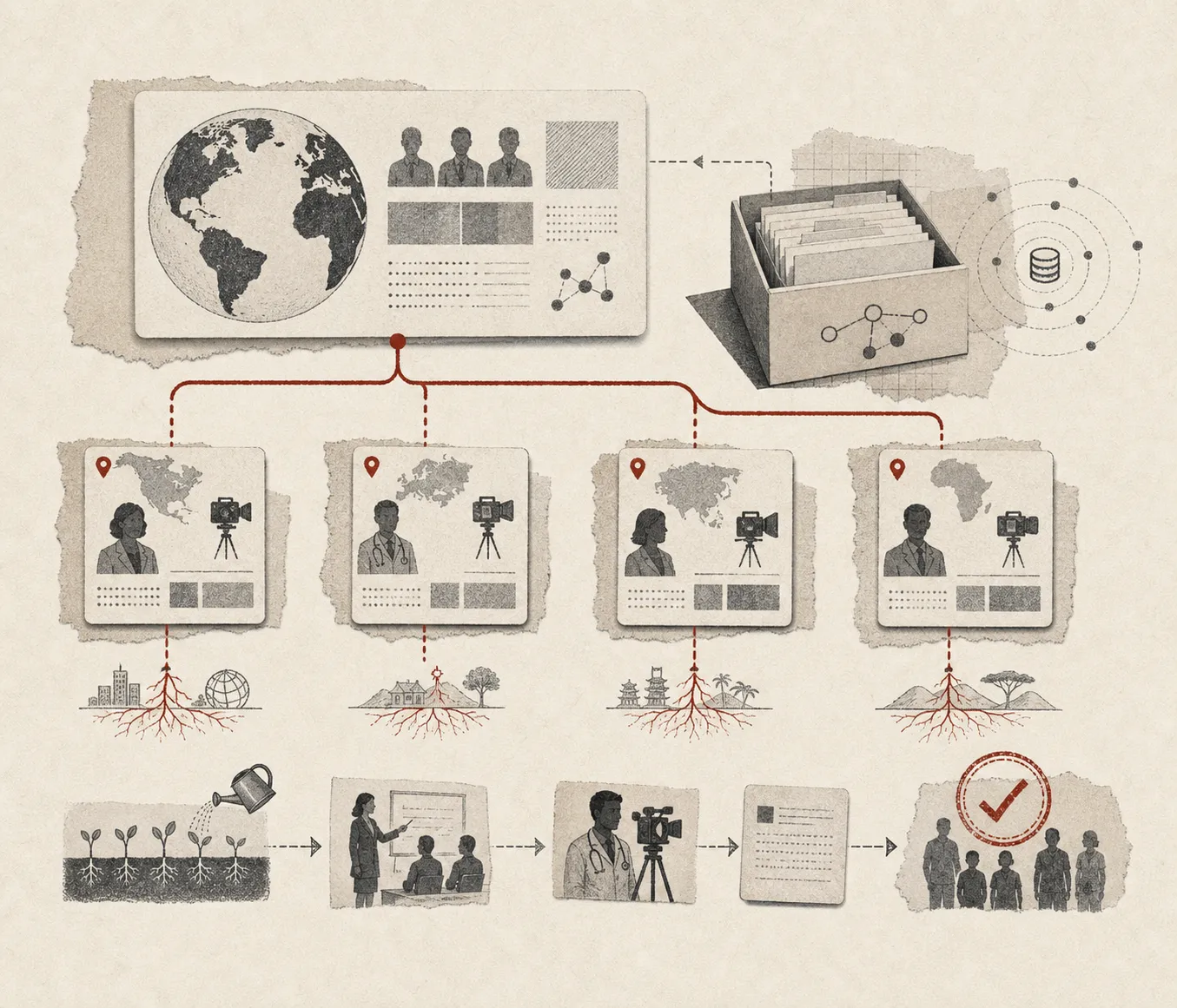 A globe master panel branches down red lines into four regional cards that put down roots in local landscapes.