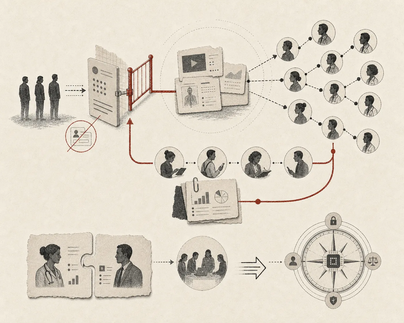A red path detours around a blocked gate, passing peer to peer to reach a branching clinician network.
