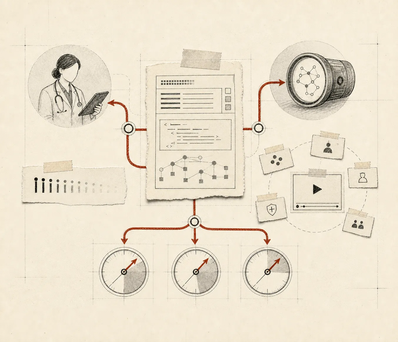 A taped content page sends red threads to a clinician with a tablet, a node-marked cylinder and three gauges.