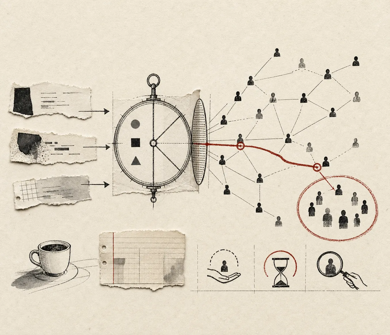 Torn-paper scraps feed a compass that channels a red thread into a spreading network of people, beside a coffee cup.